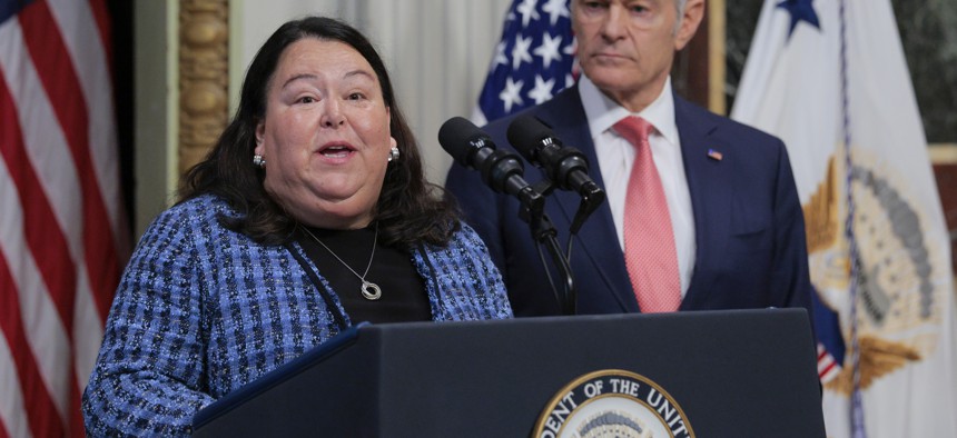 Deputy CMS Administrator Kim Brandt speaks during a press conference on the Trump administration's anti-fraud initiatives at the Eisenhower Executive Office Building on May 13, 2026 in Washington, D.C.