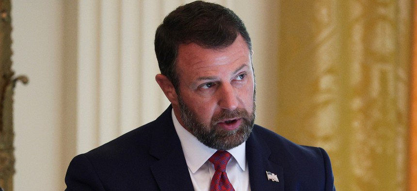 Secretary of Homeland Security Markwayne Mullin speaks during a roundtable discussion on cybercrime in the East Room of the White House on Oct. 21, 2026.