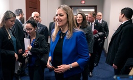 Bill author Rep. Jennifer Wexton, D-Va., and other members of the House arrive for a briefing by the coronavirus task force in February. 