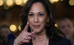 Sen. Kamala Harris, D-Calif., is in the spin room following the Democratic primary presidential debate on June 27. Presumptive Democratic presidential nominee Joe Biden has picked Harris as his running mate. 